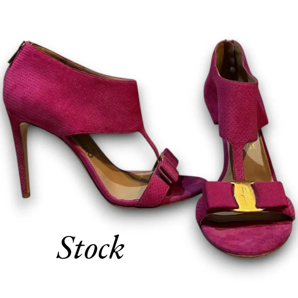 Salvatore Ferragamo Hot Pink Suede Open Toe Bow Accent Stiletto Heels Size 5.5 C